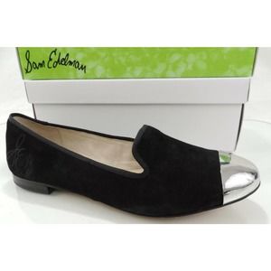Sam Edelman Aster Slip On Loafers Metal Cap Toe Flat Shoes Black suede